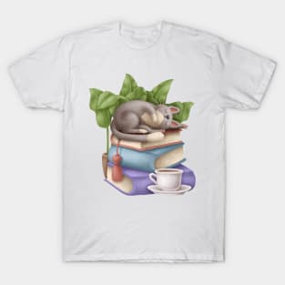 Cute Cat Napping on Books with Tea T-Shirt